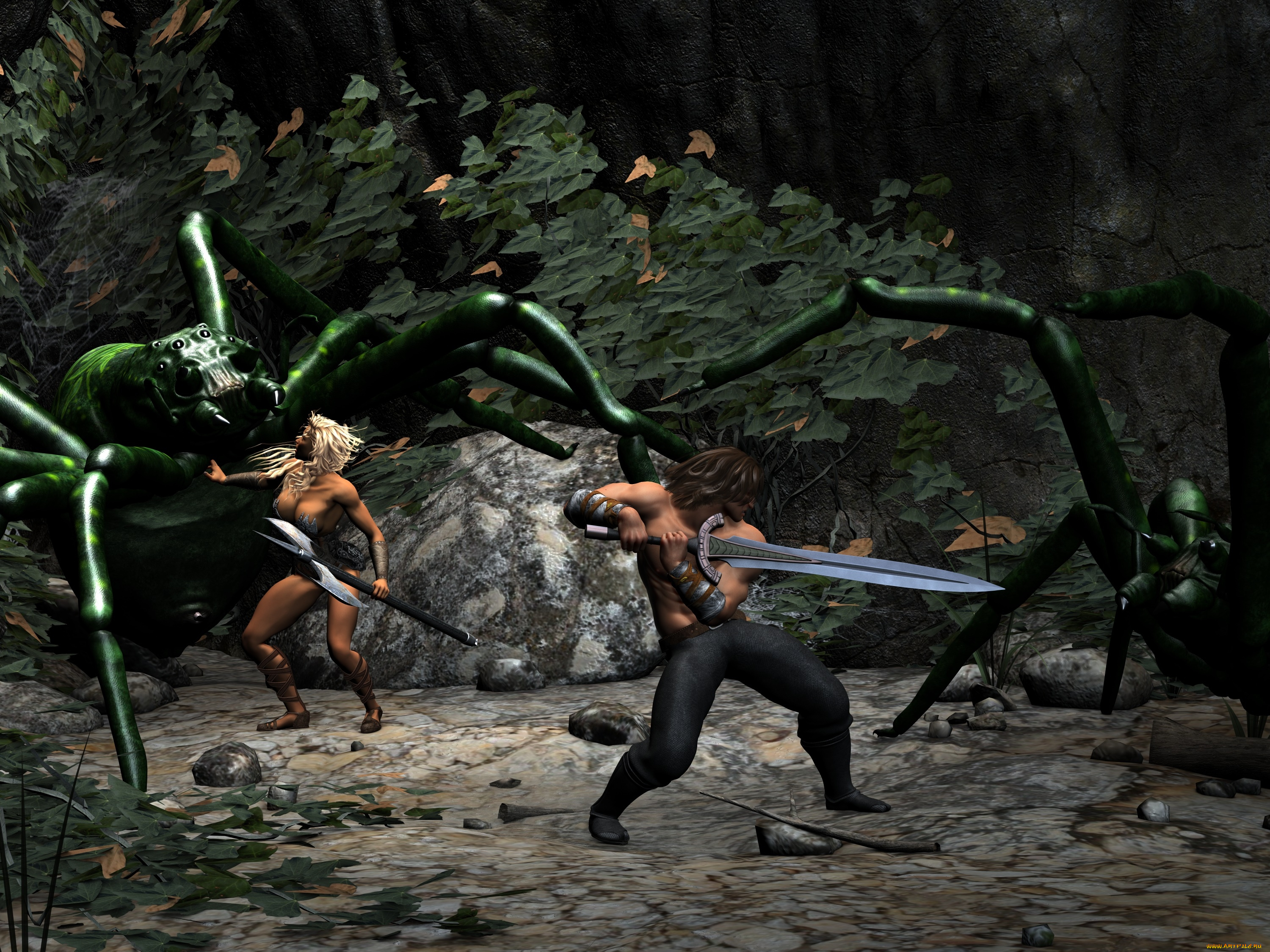 3д, графика, фантазия, , fantasy, девушка, паук, фон, оружие, мужчина, страх, взгляд