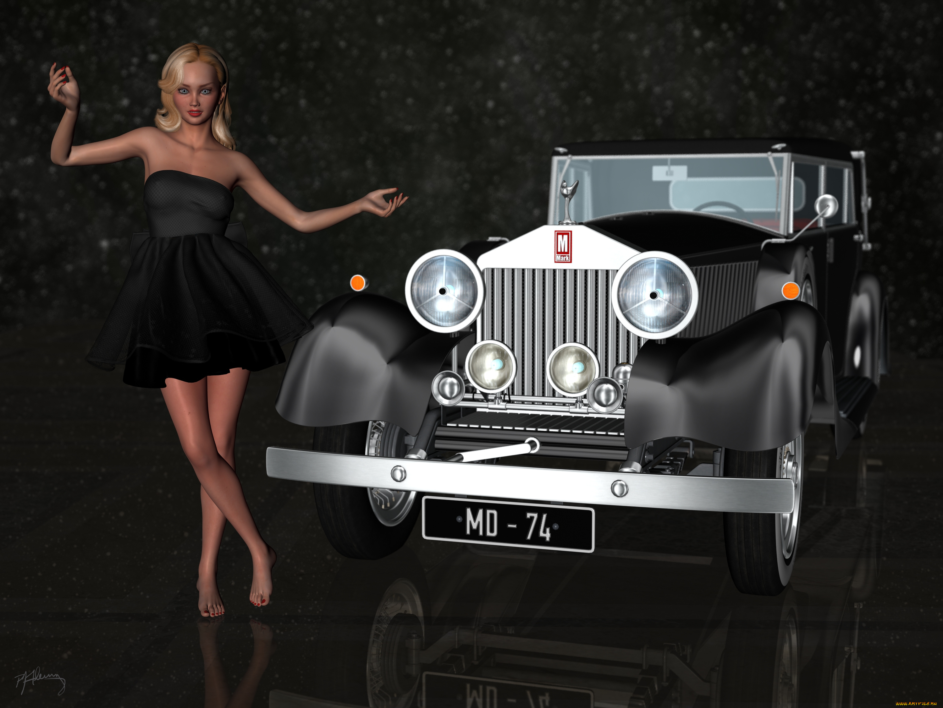 автомобили, 3d, car&girl, девушка, взгляд, автомобиль, фон