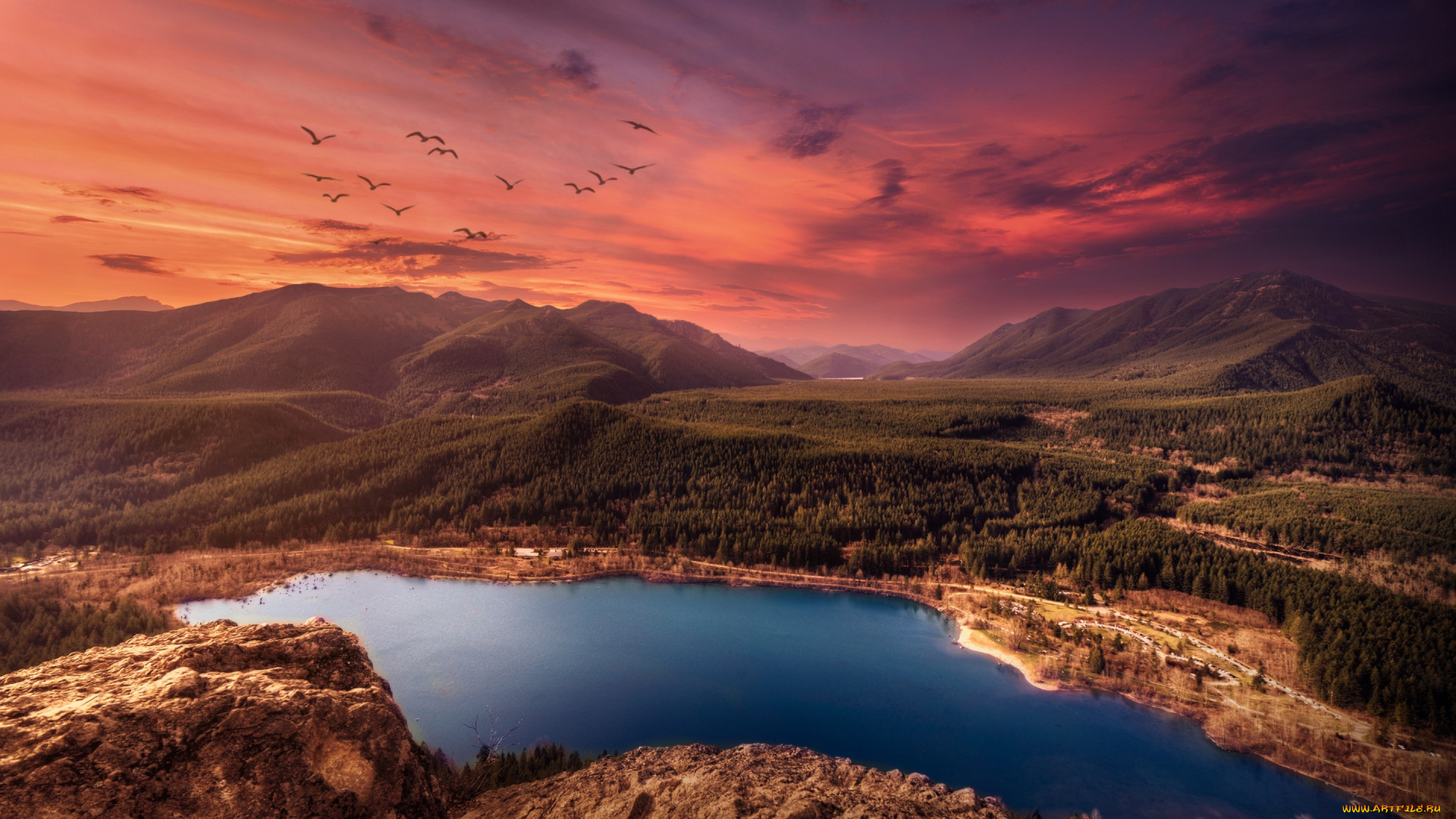природа, реки, озера, горы, небо, леса, птицы, пейзаж