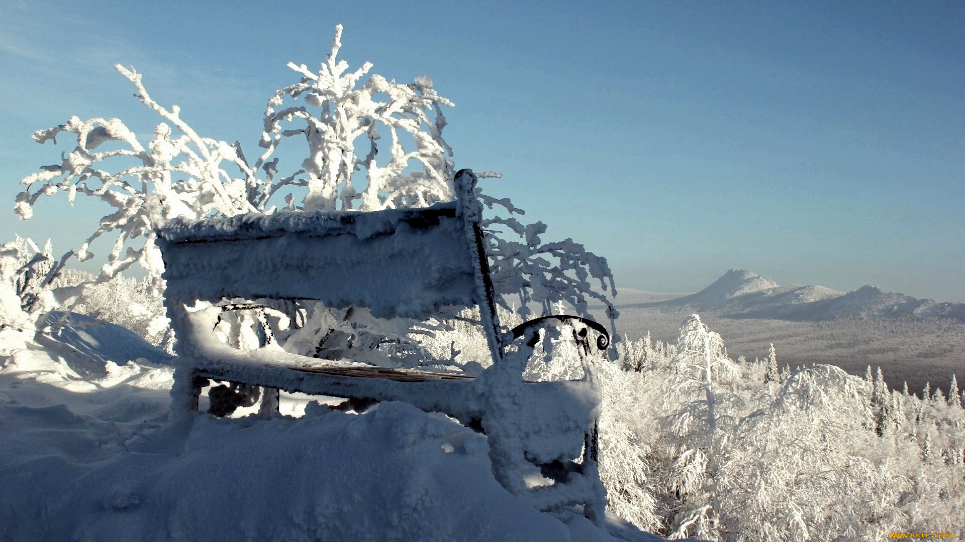природа, зима, скамейка, снег