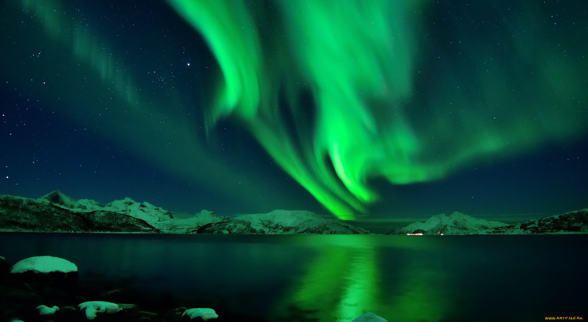 природа, северное, сияние, озеро, небо, сияние, горы, снег