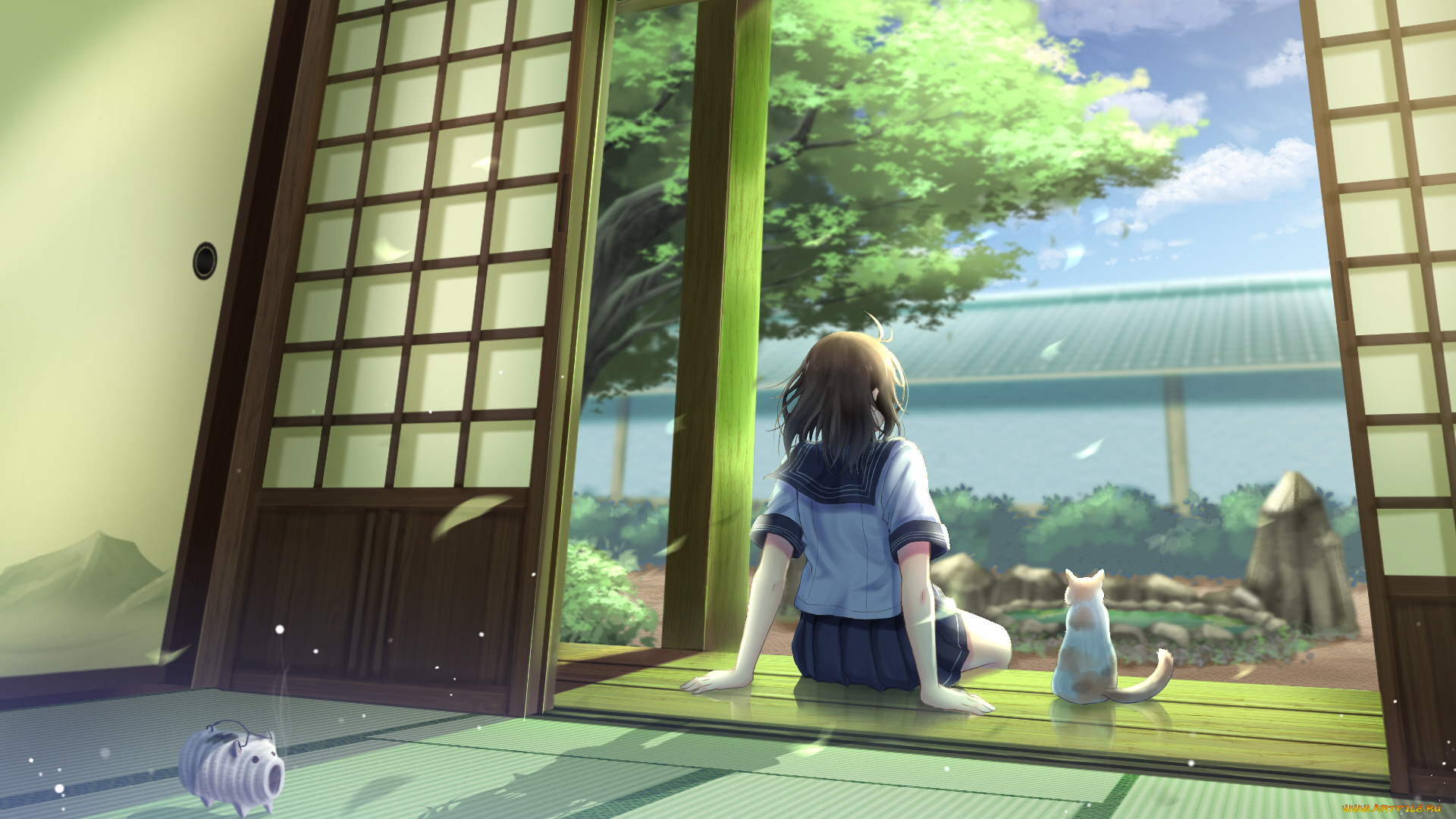 аниме, город, , улицы, , здания, девочка