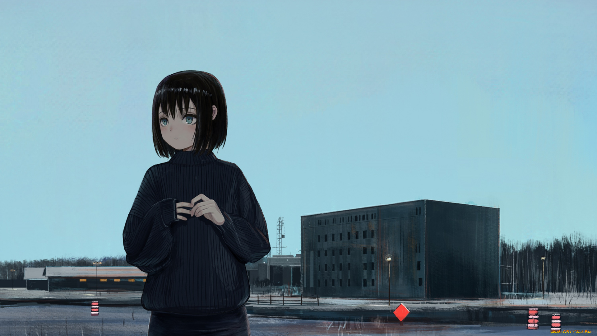 аниме, город, , улицы, , здания, девушка