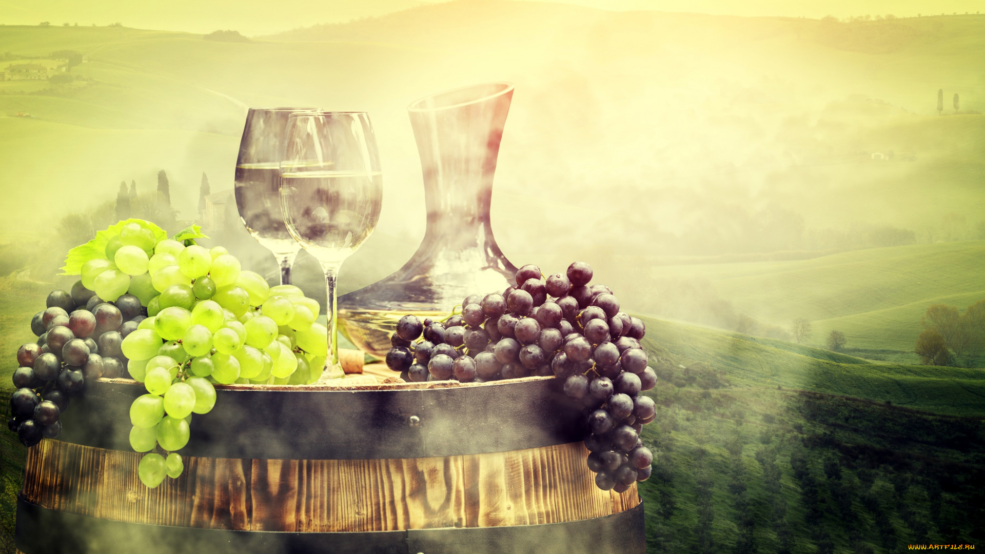 еда, виноград, пейзаж, кувшин, бокалы, туман, бочка, поля, луга