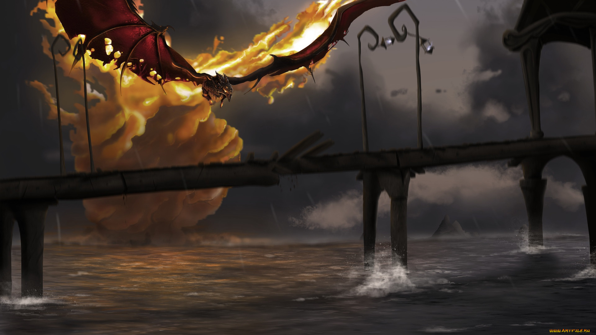 фэнтези, драконы, мост, арт, ситуация, огонь, manon, bargier, дракон