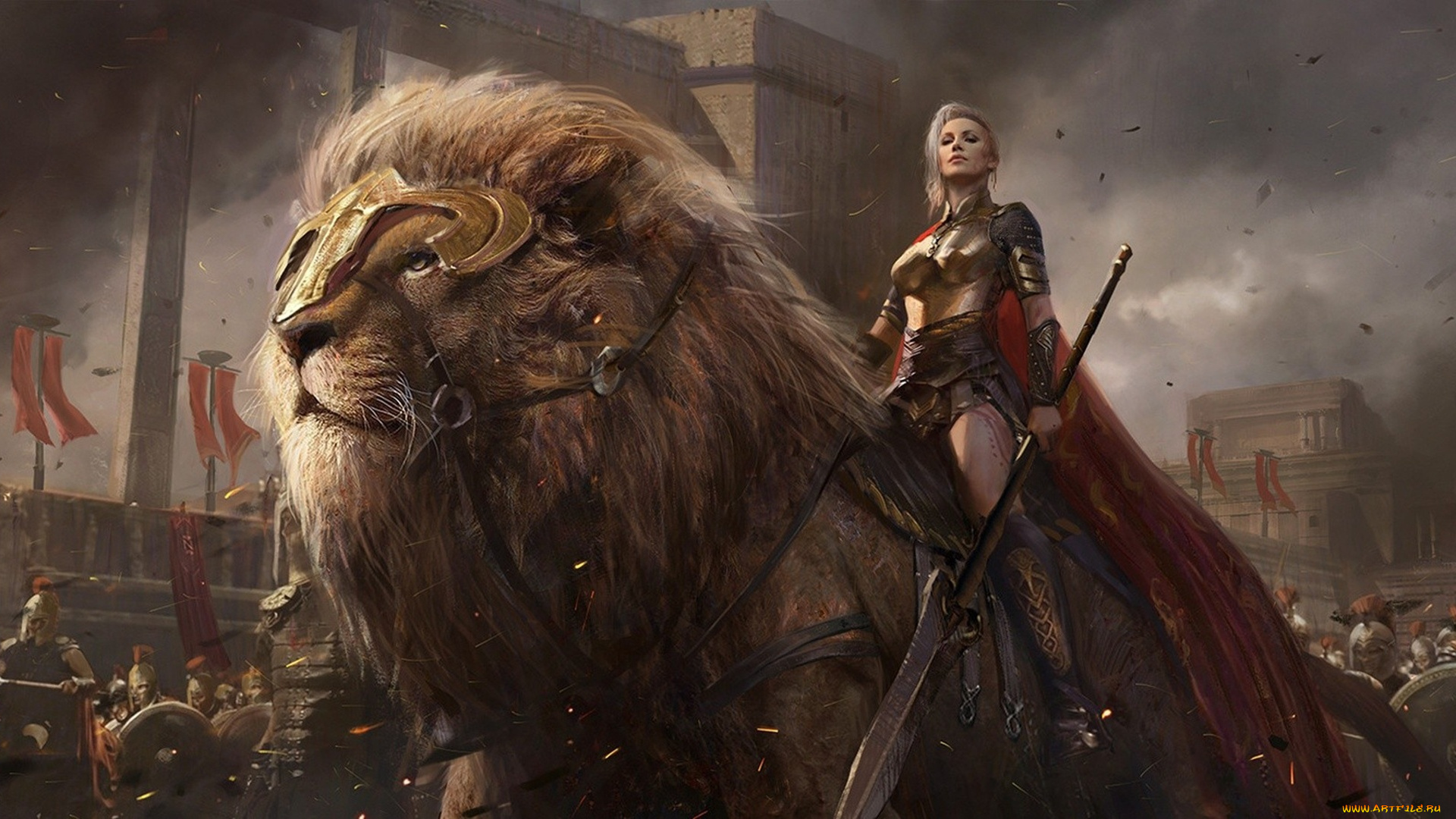 фэнтези, красавицы, и, чудовища, conquerors, blades, giant, lion, sovereign, spears, shield, swords, weapons, men, ken, army, power