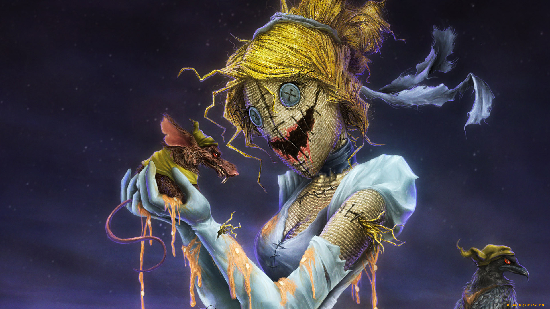 фэнтези, существа, пугало, фон, ворон