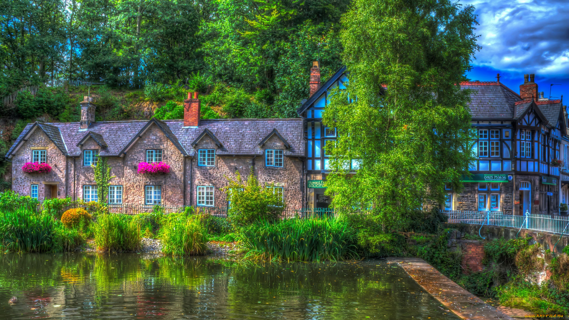 города, -, здания, , дома, пруд, зелень, дом, деревья, кусты