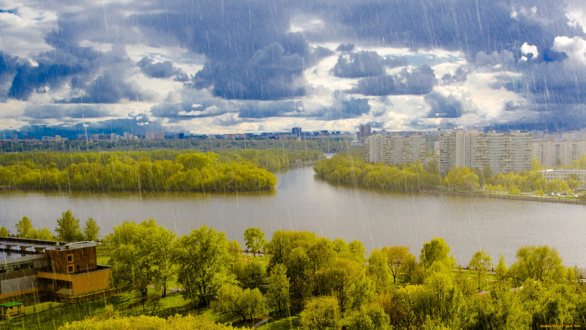 города, москва, , россия, дождь, москва, небо, река, тучи, дома, деревья