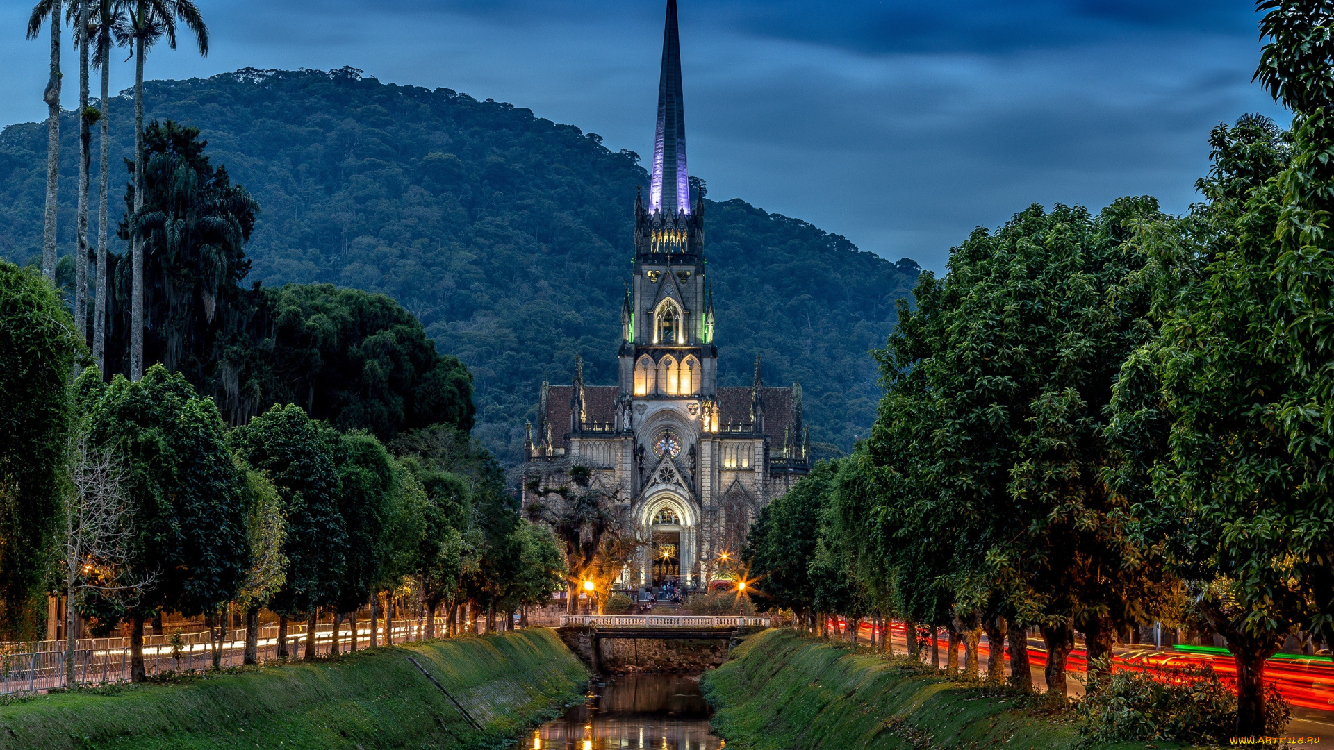 города, рио-де-жанейро, , бразилия, catedral, de, petropolis, горы, пальмы, фонари, лес, рио-де-жанейро, деревья, огни, храм, канал, вечер