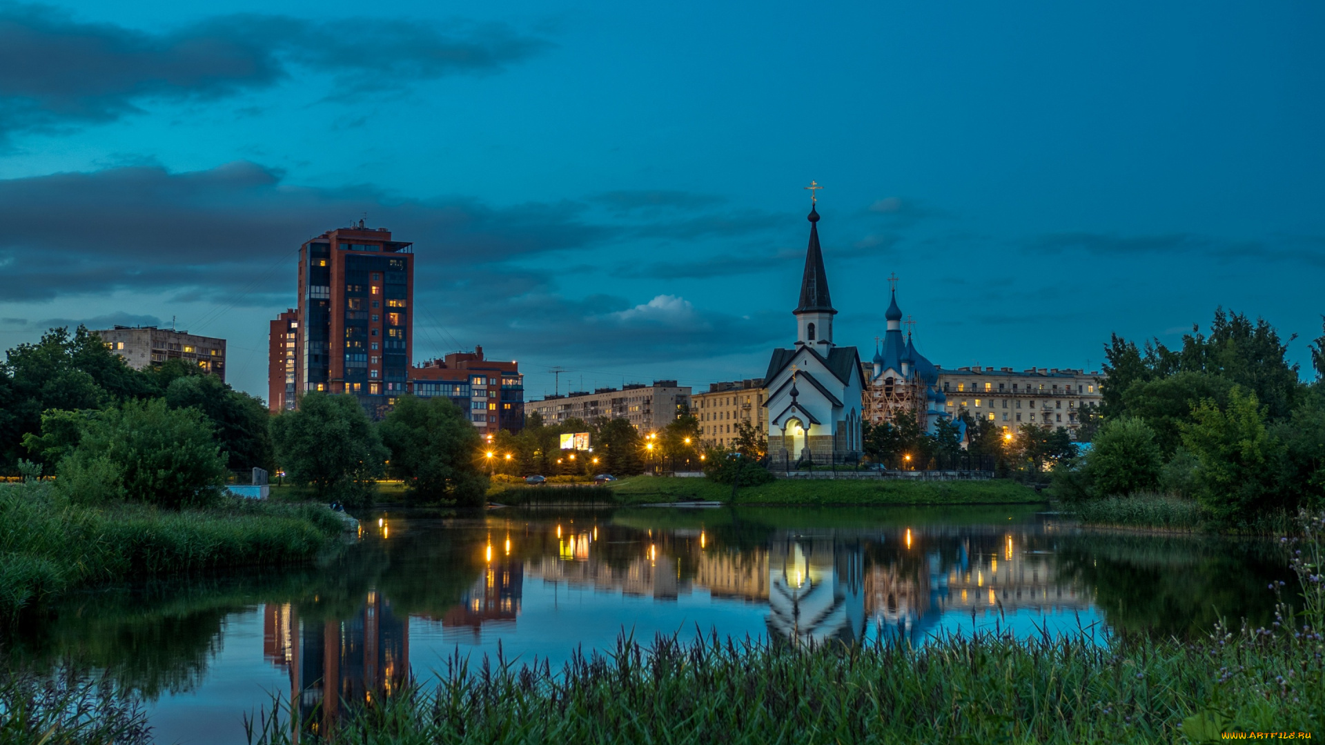 города, санкт-петербург, , петергоф, , россия, пулково, дома, деревья, огни, церковь, вечер, небо, трава, пруд