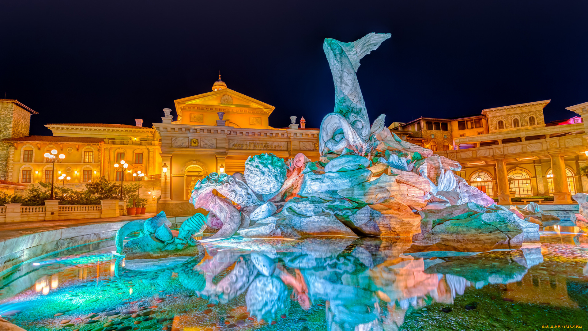 города, токио, , Япония, огни, фонтан, токио, ночь, отель, миракоста, tokyo, disneysea, ураясу
