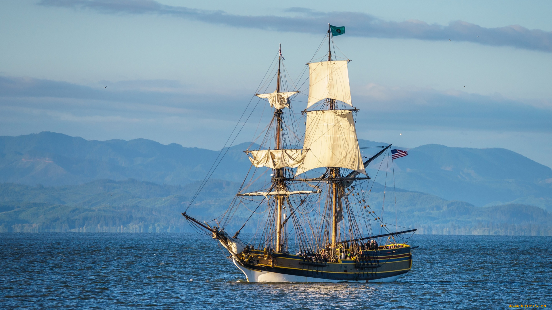 корабли, парусники, паруса, мачты, небо, река