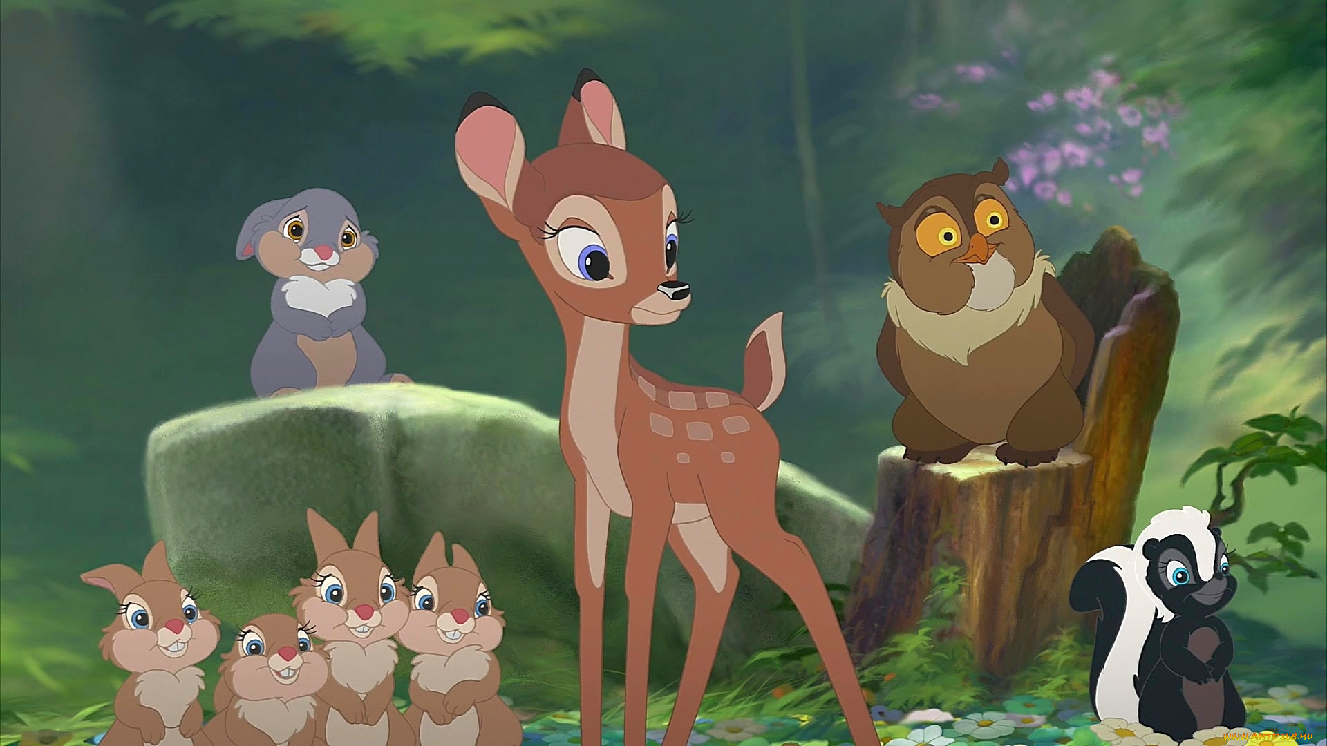 мультфильмы, bambi, 2, олененок, заяц, филин, скунс, растения