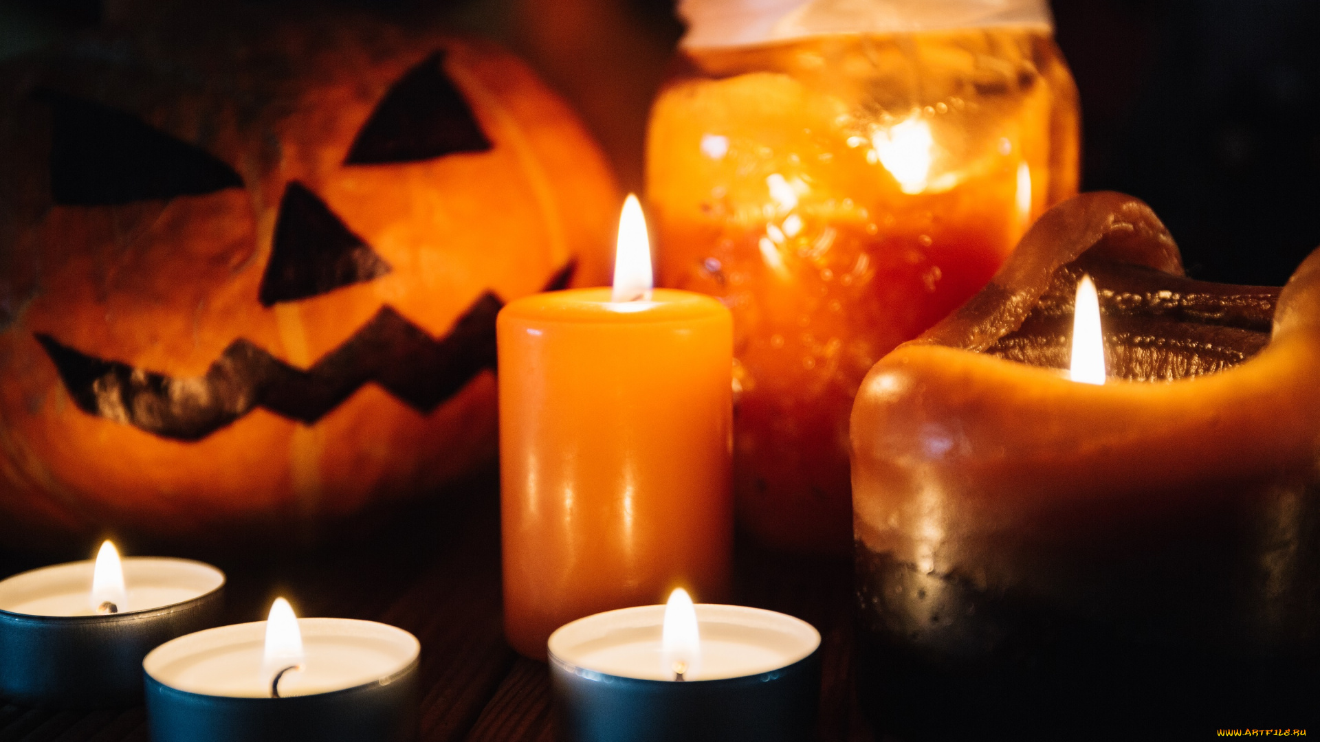 праздничные, хэллоуин, свечи, шляпа, тыква, праздник