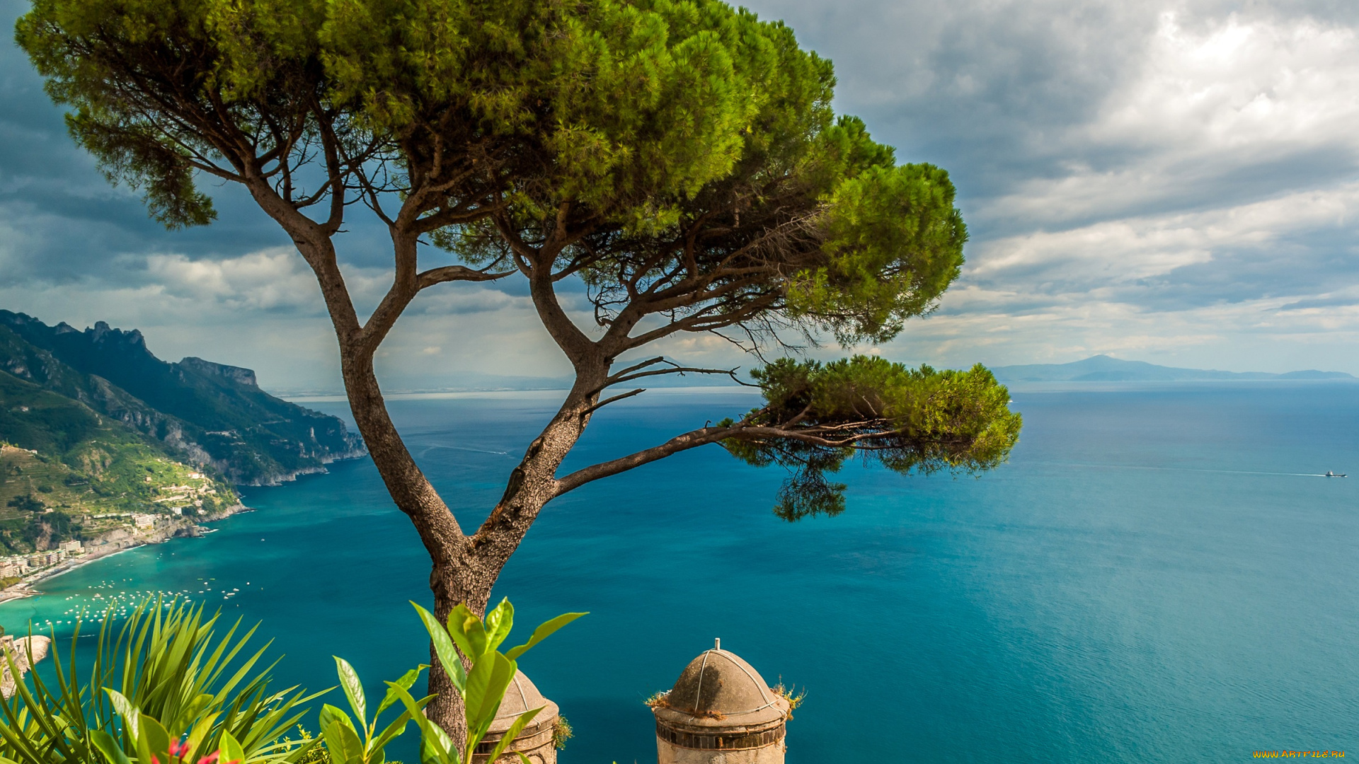природа, побережье, небо, облака, ravello, море, дерево, высота, горизонт, горы, италия, вид, сверху, солнечно, цветы