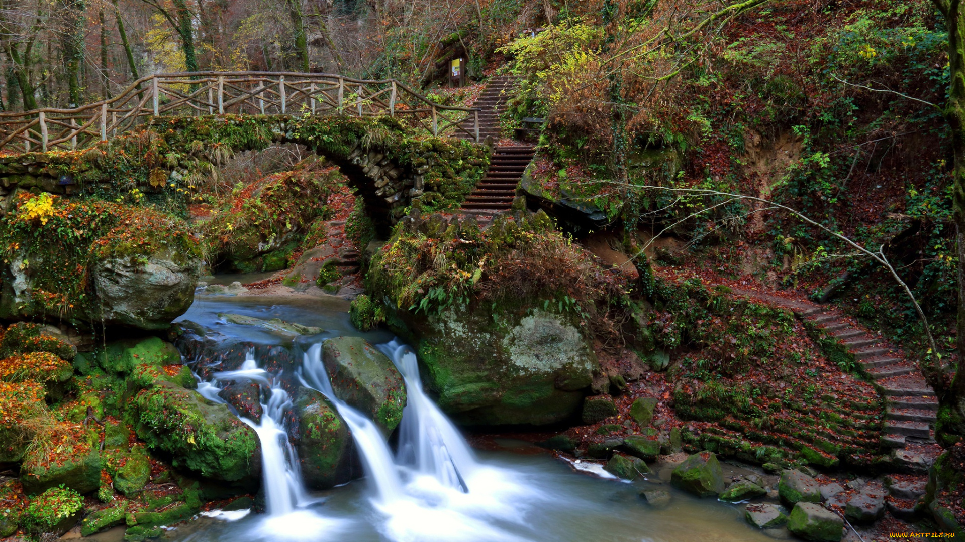 природа, реки, озера, мост, лестницы, водопад