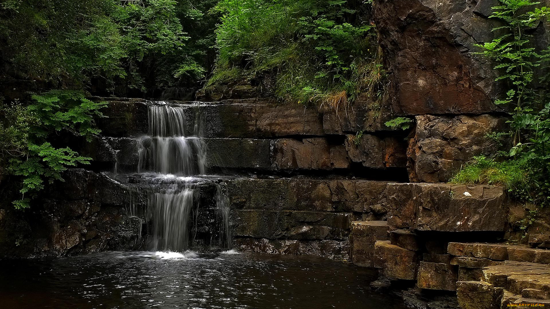 природа, водопады, водоём, скалы, камни, водопад