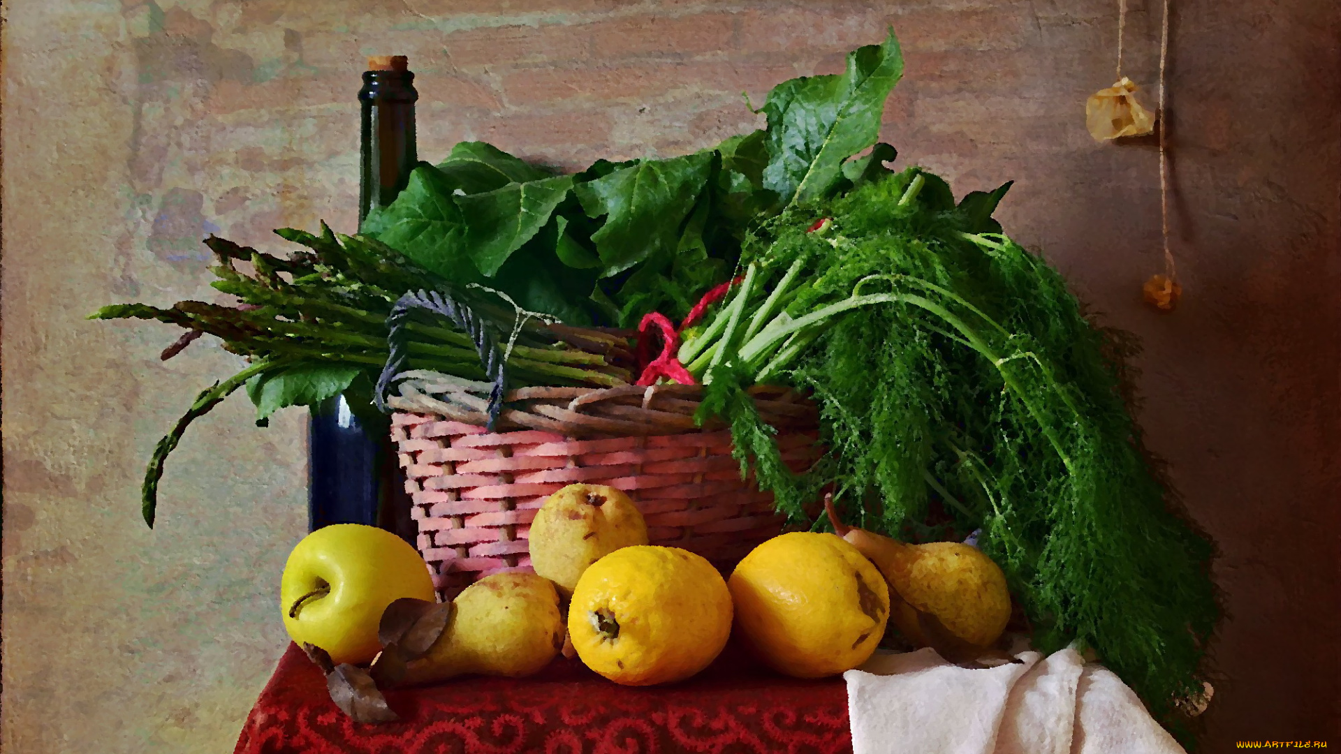 разное, компьютерный, дизайн, бутылка, вино, груша, зелень, корзина, мангольд, плоды, спаржа, фенхель, фрукты, яблоки