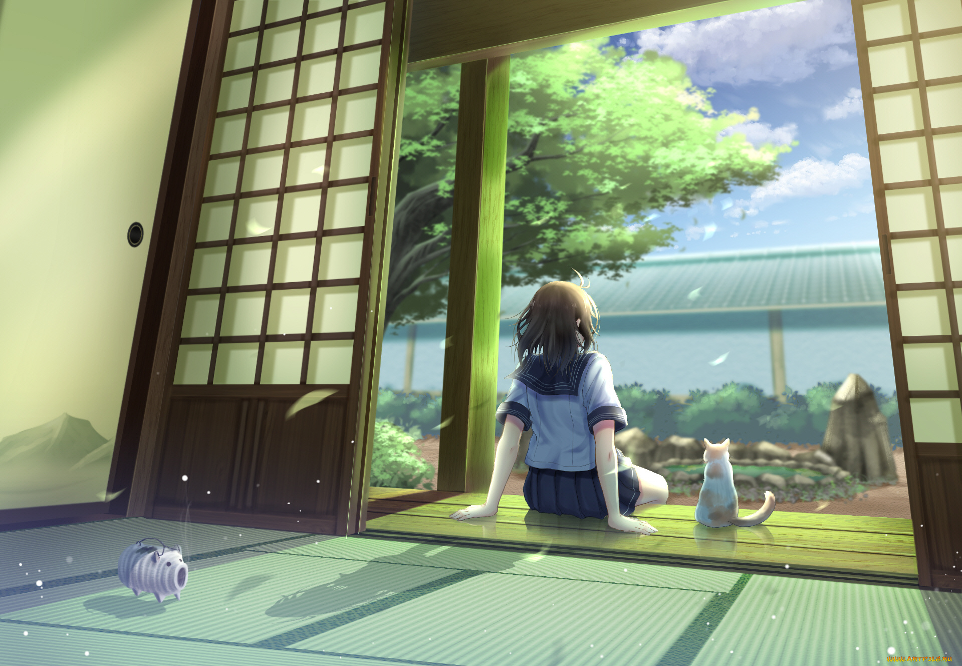 аниме, город, , улицы, , здания, девочка