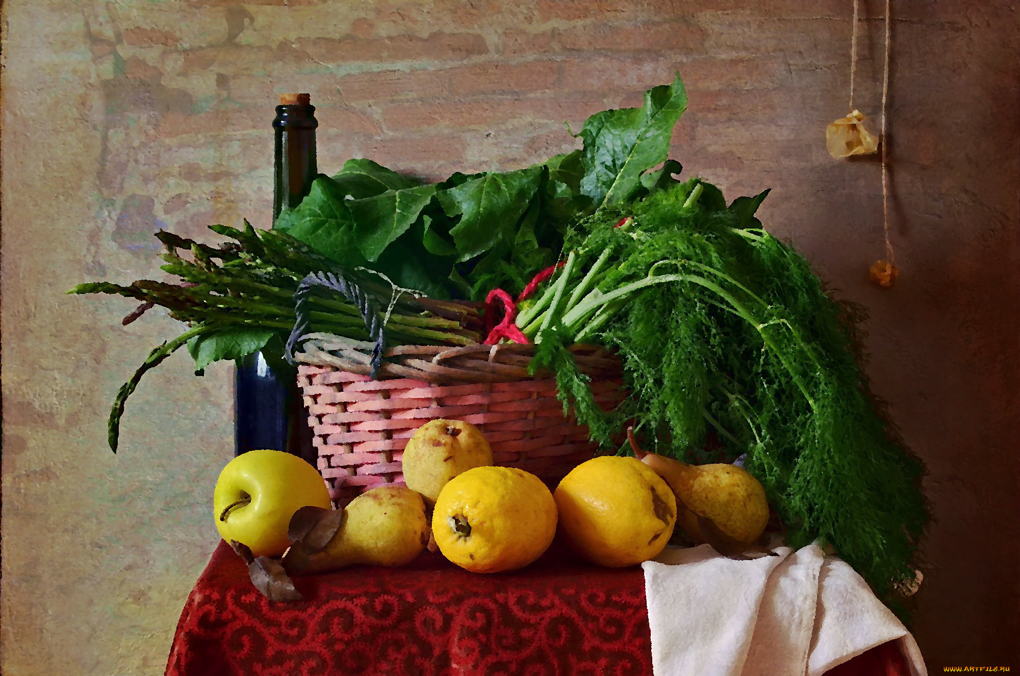 разное, компьютерный, дизайн, бутылка, вино, груша, зелень, корзина, мангольд, плоды, спаржа, фенхель, фрукты, яблоки