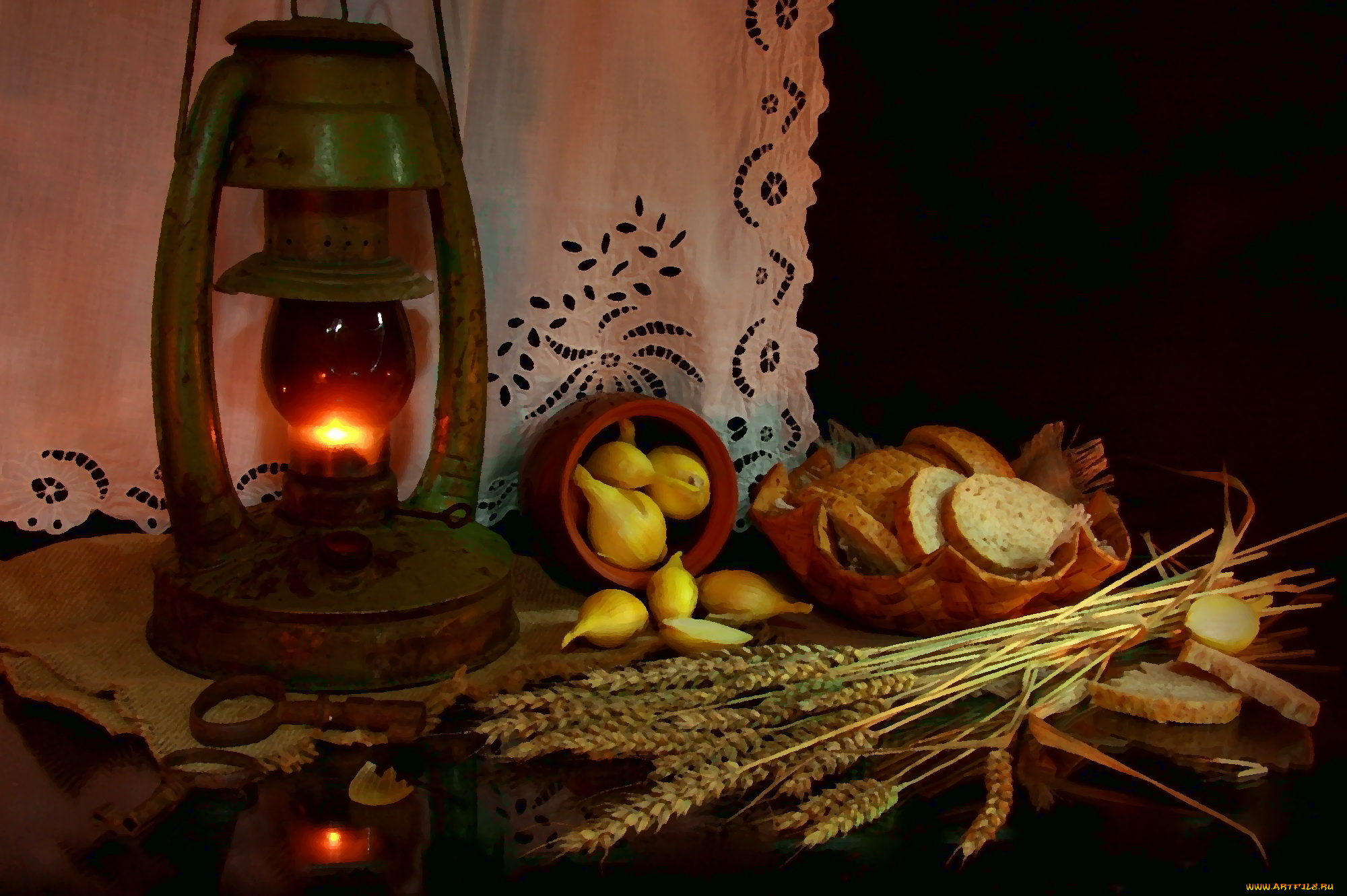 разное, компьютерный, дизайн, лук, натюрморт, пшеница, лампа, хлеб, деревенская, еда, керосинка