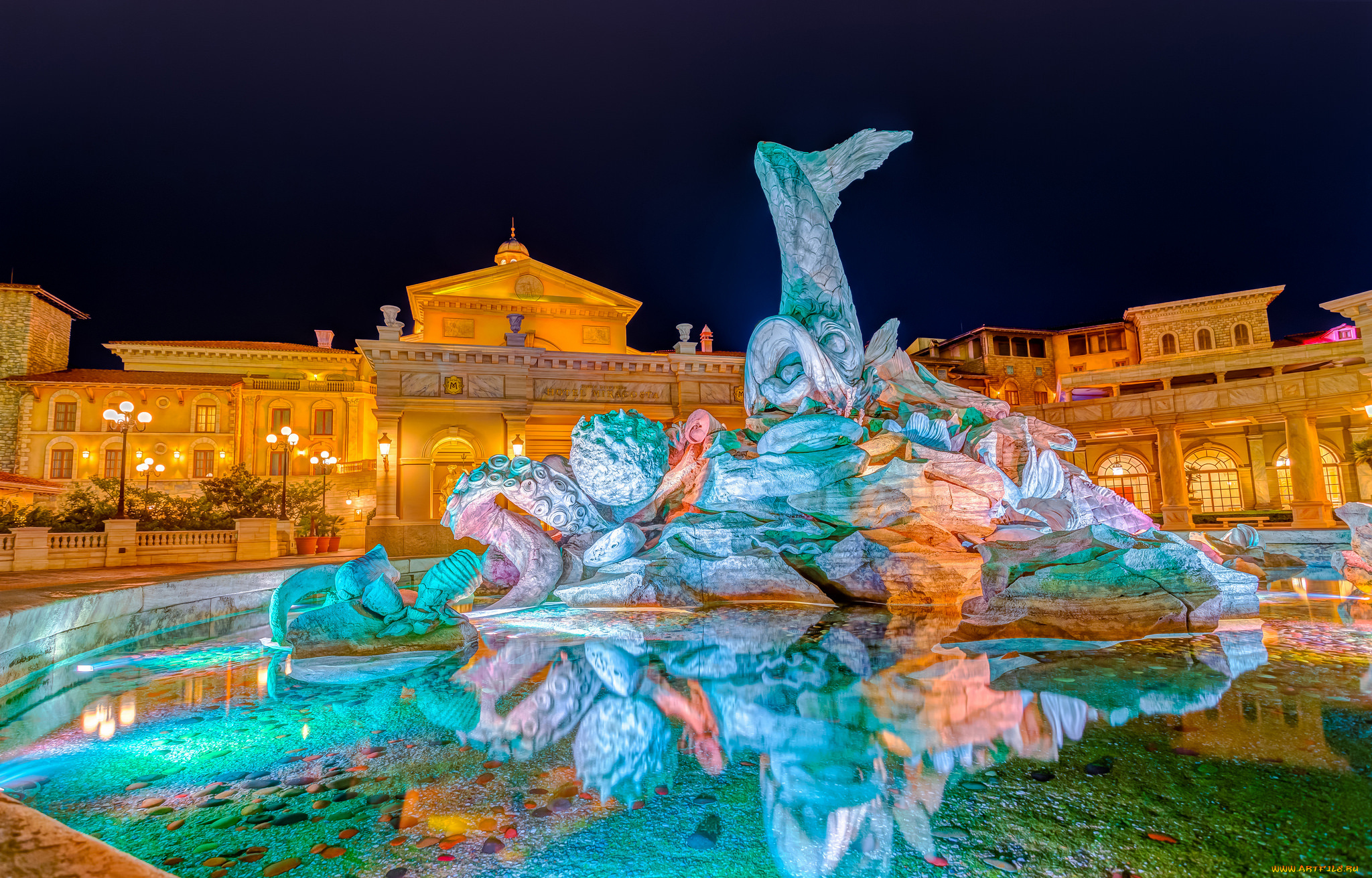 города, токио, , Япония, огни, фонтан, токио, ночь, отель, миракоста, tokyo, disneysea, ураясу