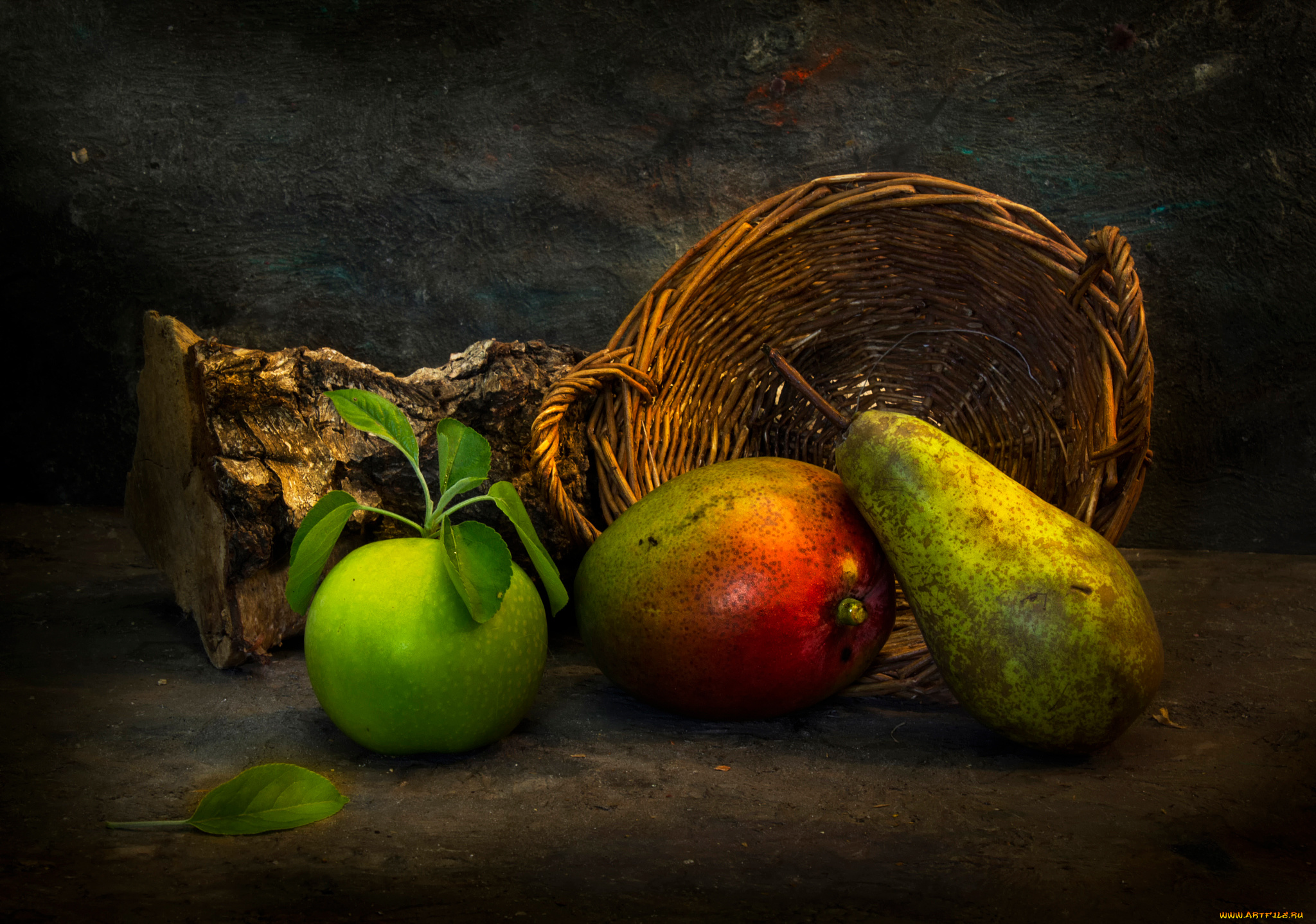 еда, фрукты, , ягоды, корзина, полено