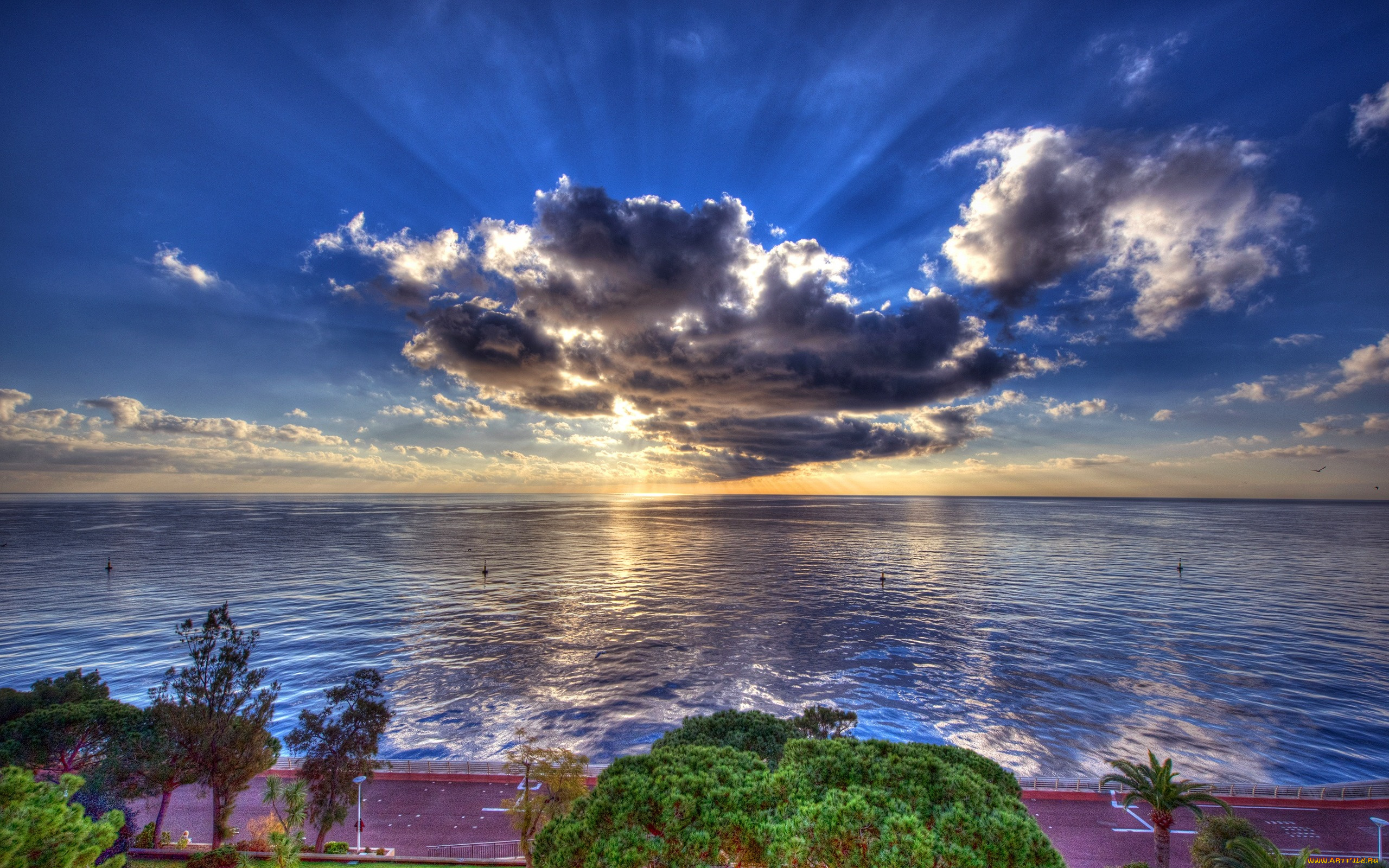 природа, восходы, закаты, небо, горизонт, дорога, лучи, море, деревья, побережье, солнце