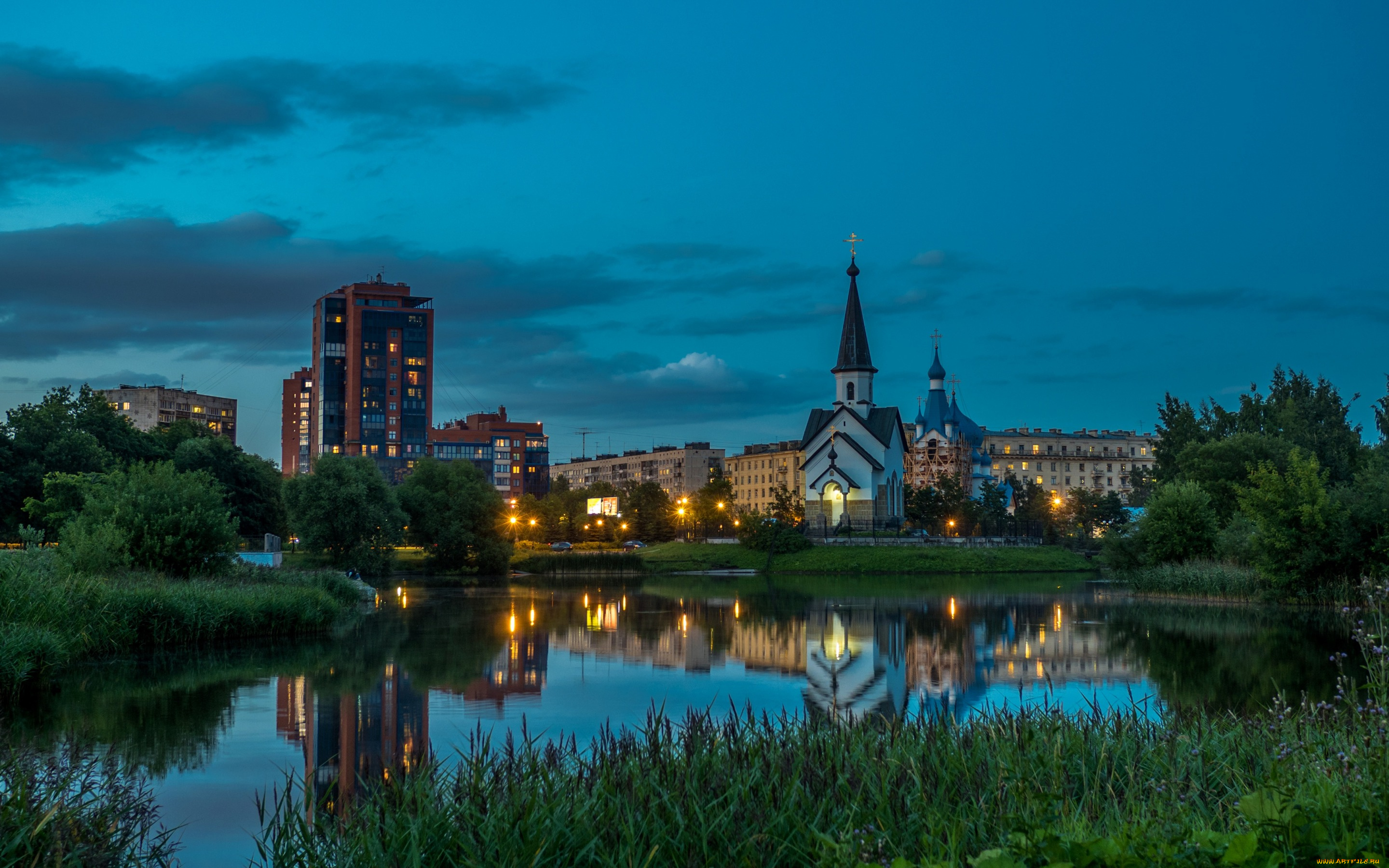 города, санкт-петербург, , петергоф, , россия, пулково, дома, деревья, огни, церковь, вечер, небо, трава, пруд