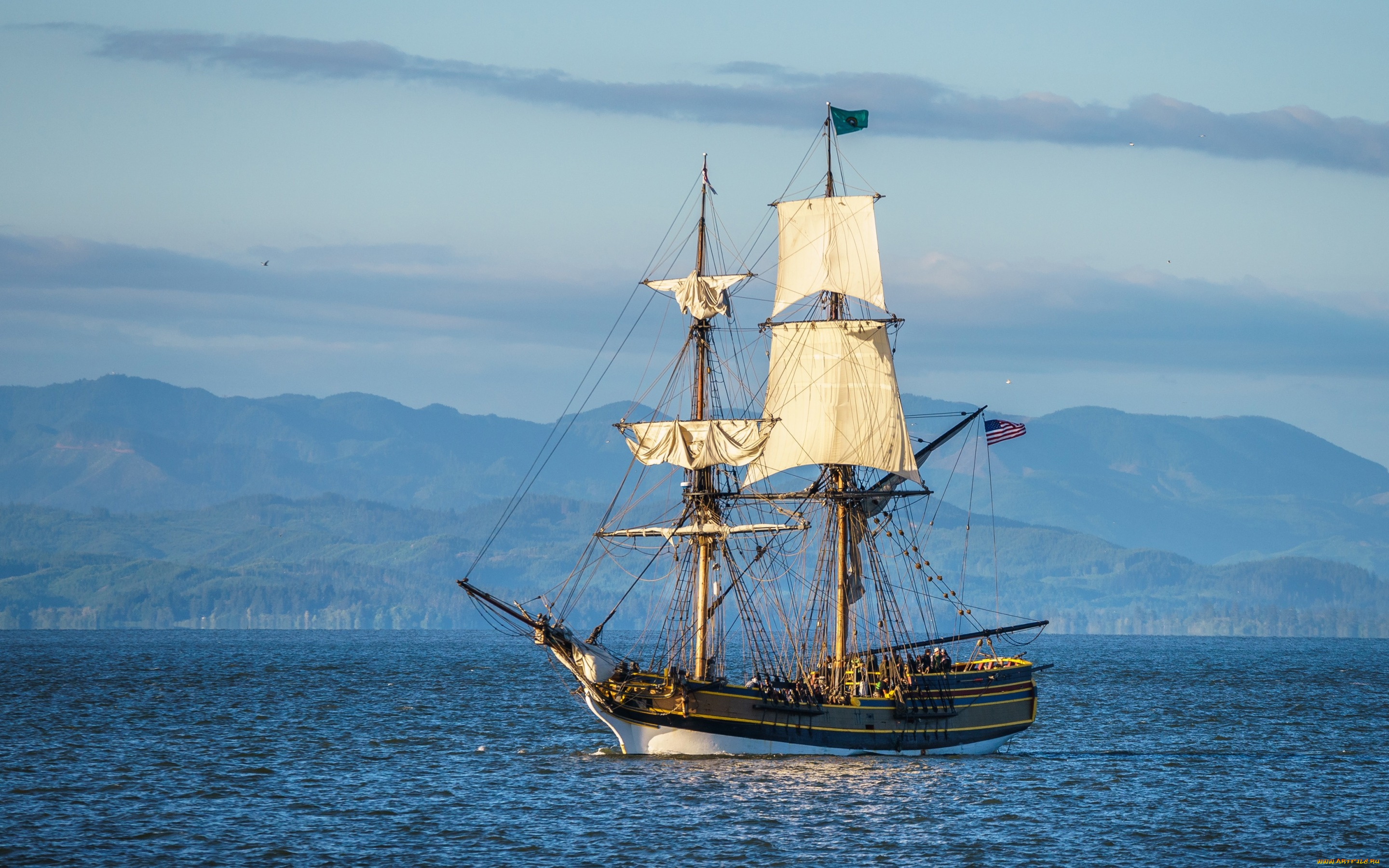 корабли, парусники, паруса, мачты, небо, река