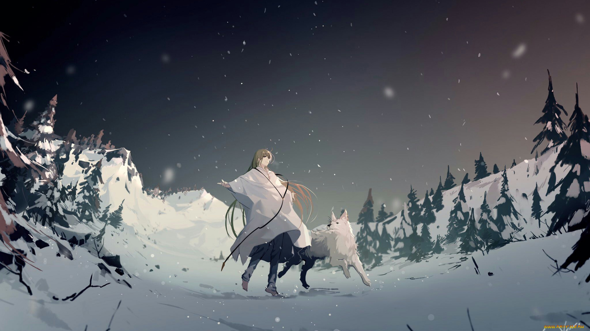 аниме, fate, stay, night, , grand, order, , apocrypha, девушка, снег, собака, деревья, зима, горы