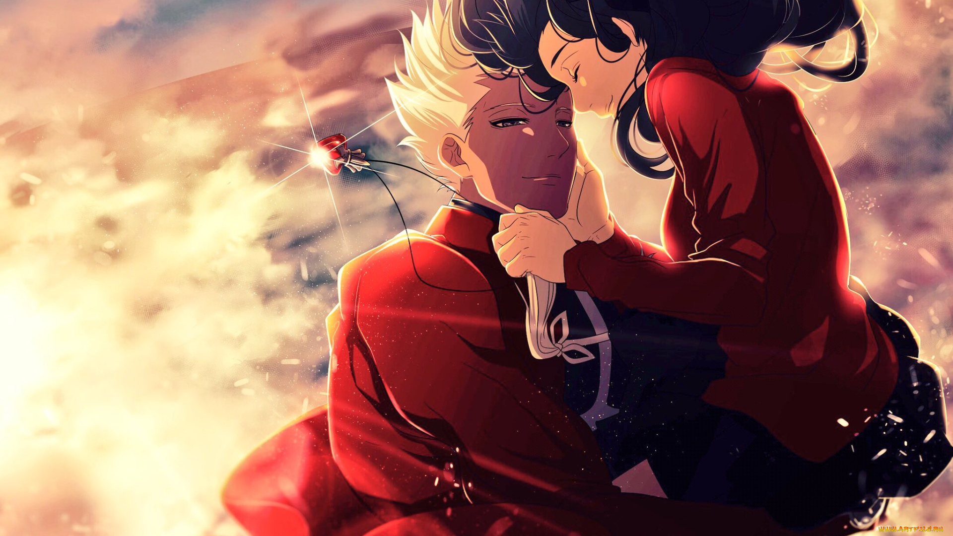 аниме, fate, stay, night, , grand, order, , apocrypha, объятия, девушка, парень, облака, кулон