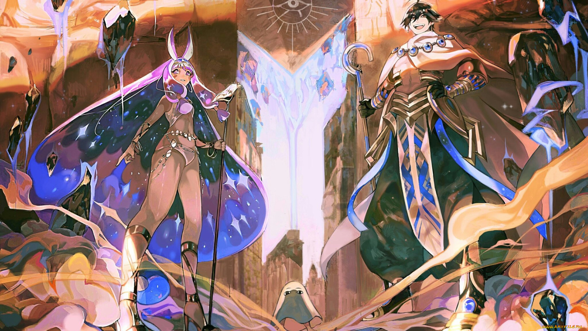 аниме, fate, stay, night, , grand, order, , apocrypha, парень, камни, посохи, девушка, боги