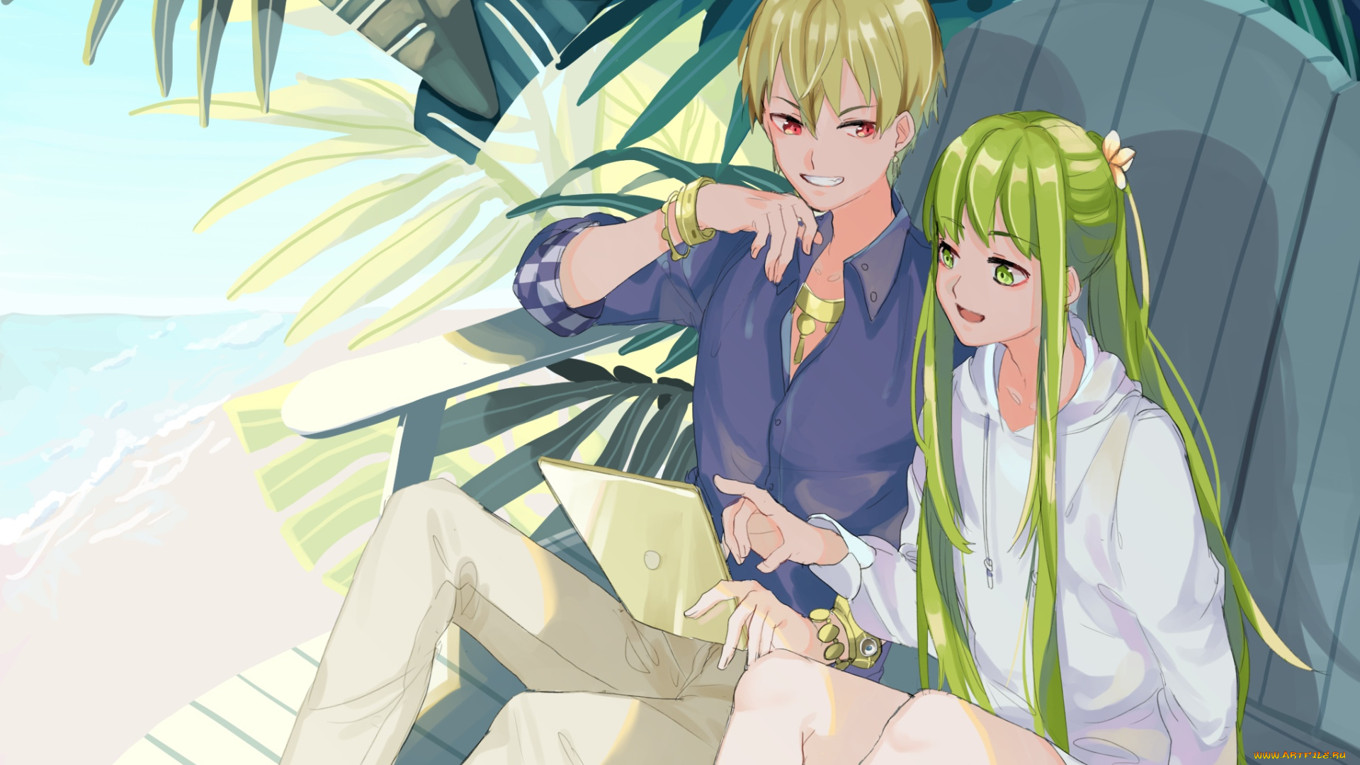 аниме, fate, stay, night, , grand, order, , apocrypha, пальмы, скамейка, украшения, девушка, парень