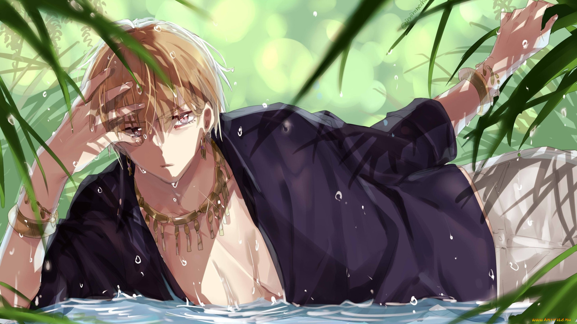 аниме, fate, stay, night, , grand, order, , apocrypha, зелень, вода, украшения, капли, парень