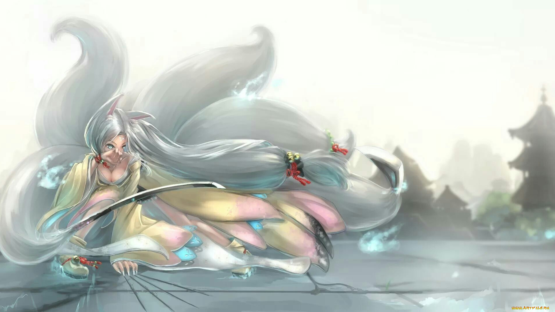 аниме, kikivi, , artbook, хвосты, демон, девушка, меч