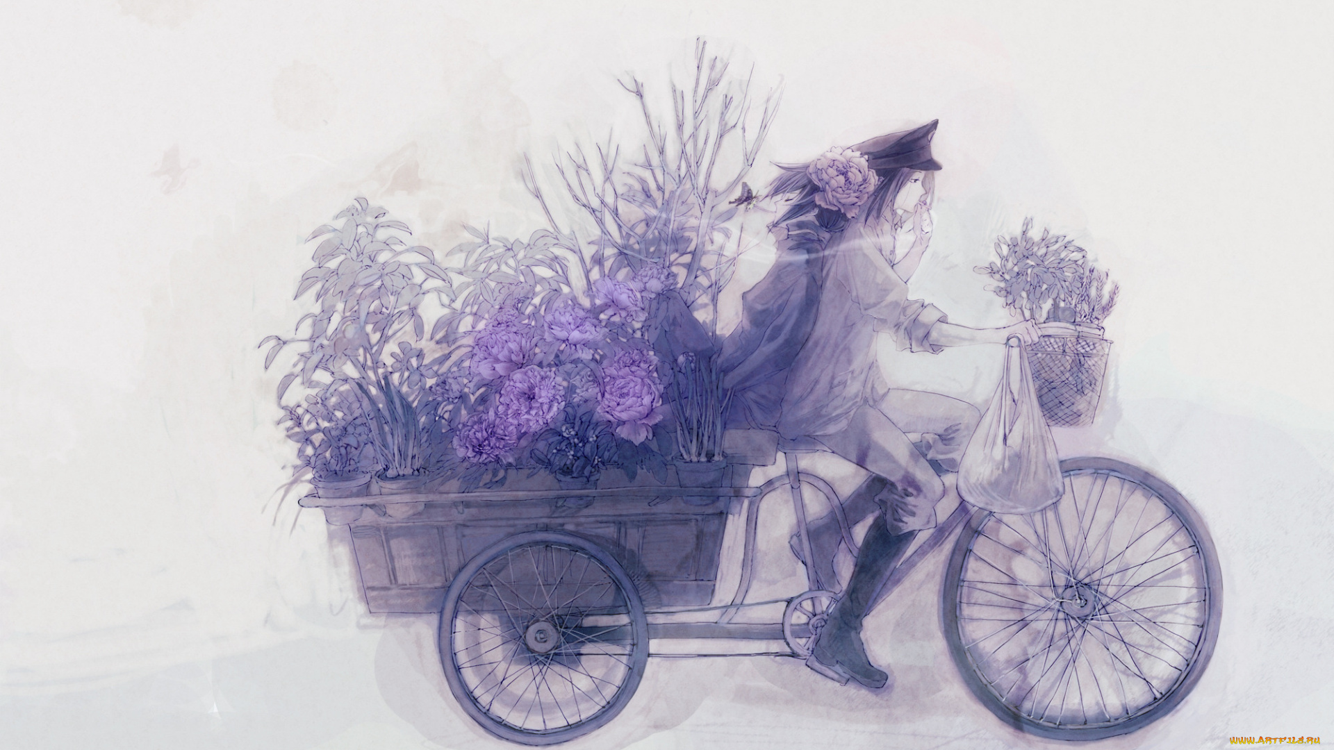 аниме, оружие, , техника, , технологии, сумка, велосипед, цветы, девушка