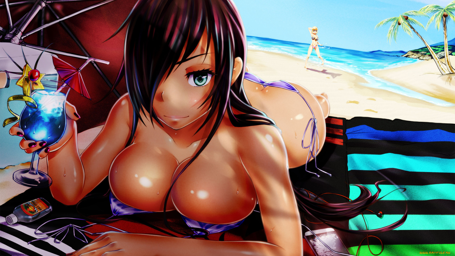 аниме, unknown, , другое, , пляж, фон, взгляд, девушка