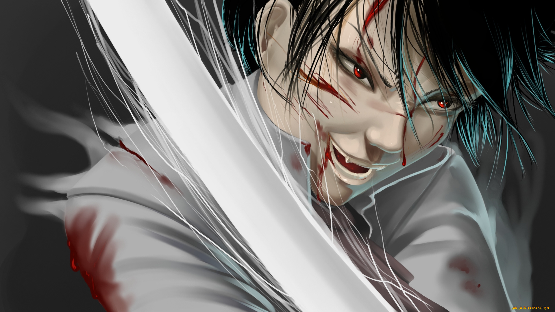 аниме, животные, , существа, меч, зубы, глаза, фон, мужчина