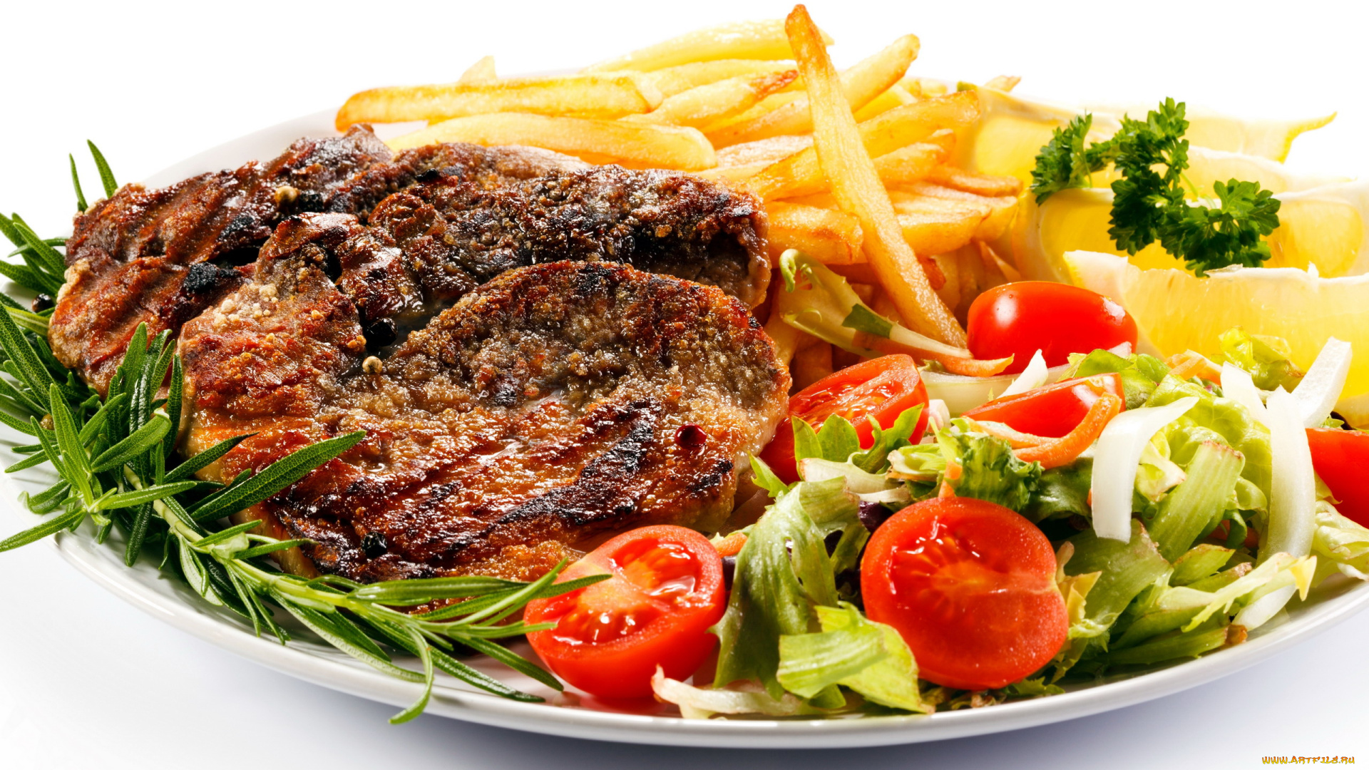 еда, мясные, блюда, картофель, отбивная, томаты, помидоры