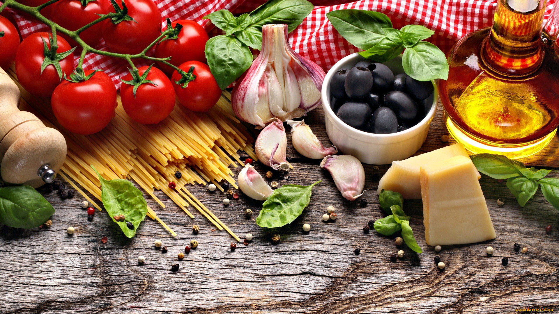 еда, разное, помидоры, спагетти, сыр, чеснок, базилик, масло, томаты