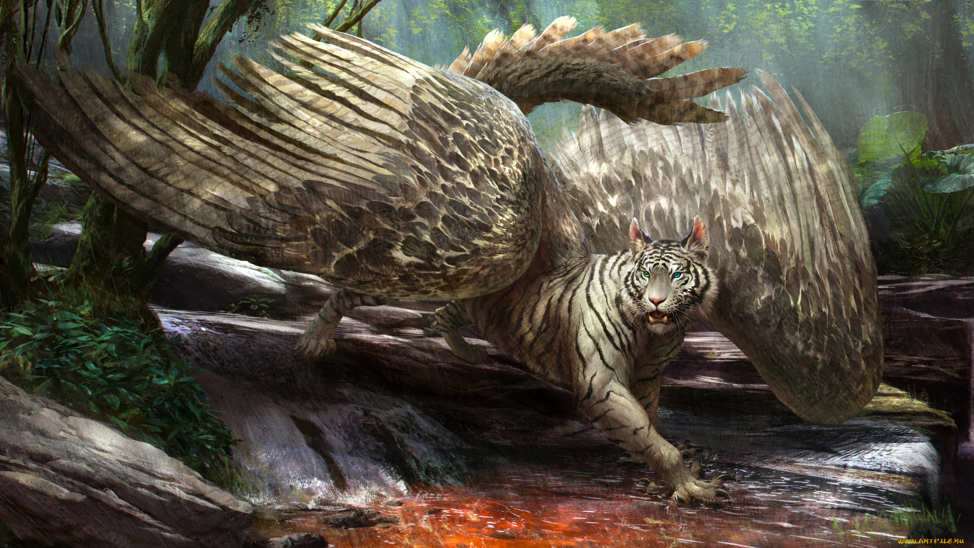 фэнтези, существа, фон, тигр, крылья