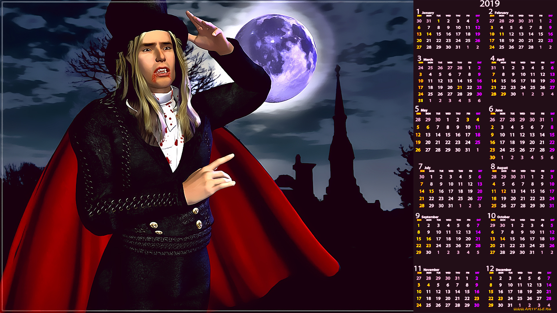 календари, 3д-графика, плащ, луна, ночь, кровь, вампир, мужчина
