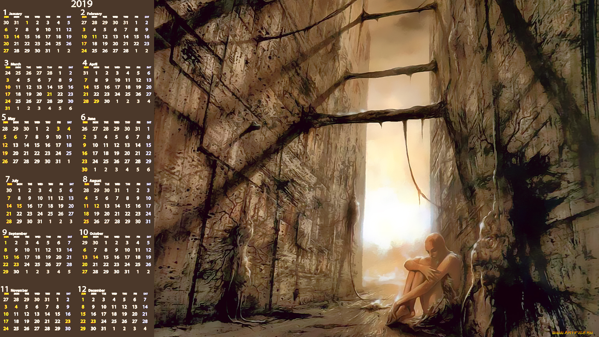 календари, фэнтези, человек, стена