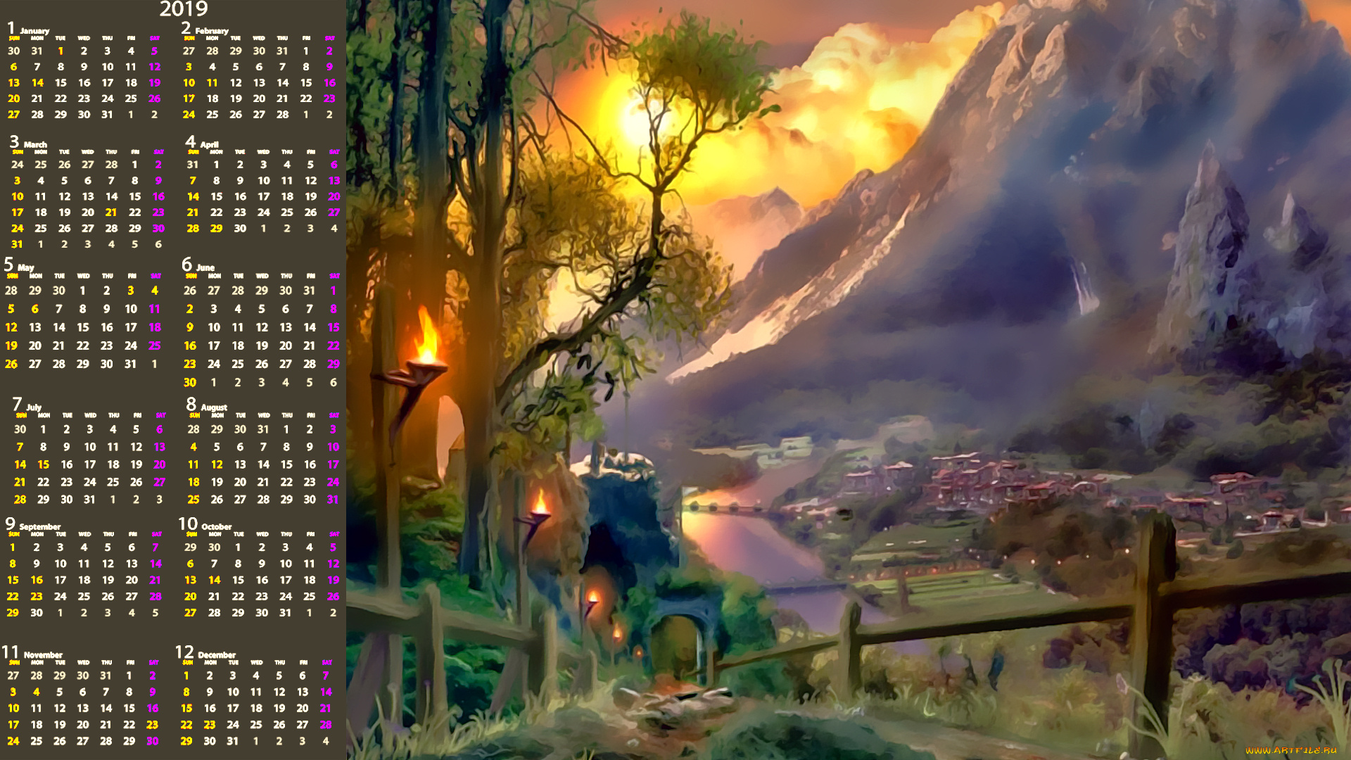 календари, фэнтези, растения, гора, природа