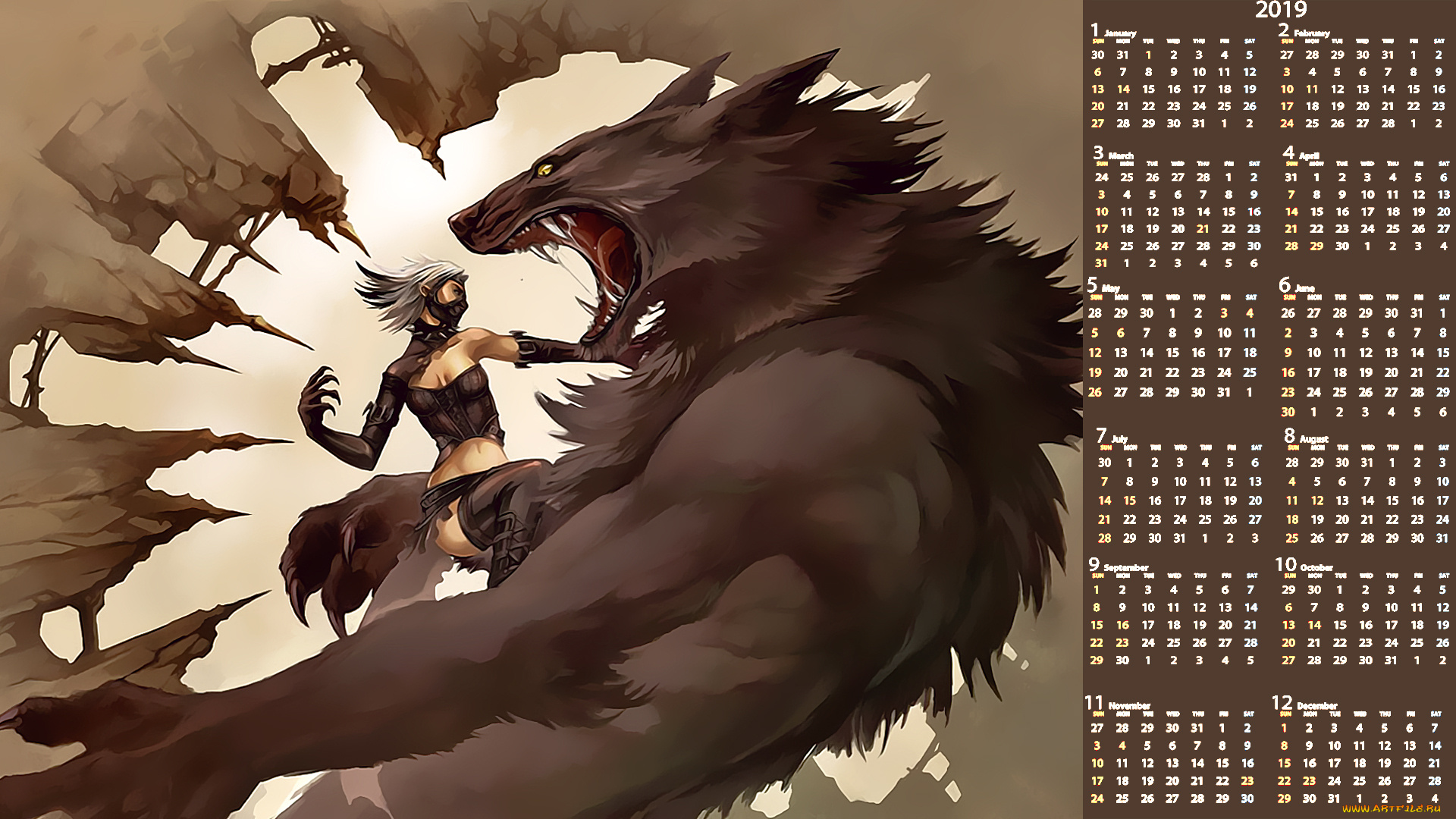 календари, фэнтези, схватка, борьба, существо, женщина