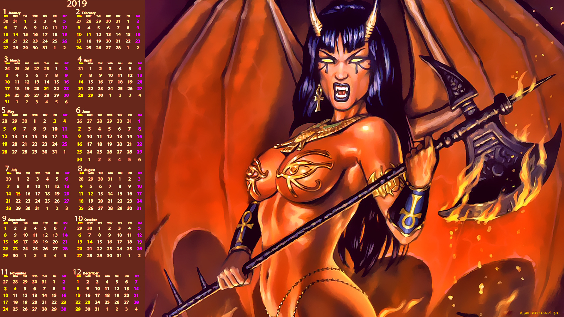 календари, фэнтези, существо, женщина, оскал, оружие, крылья