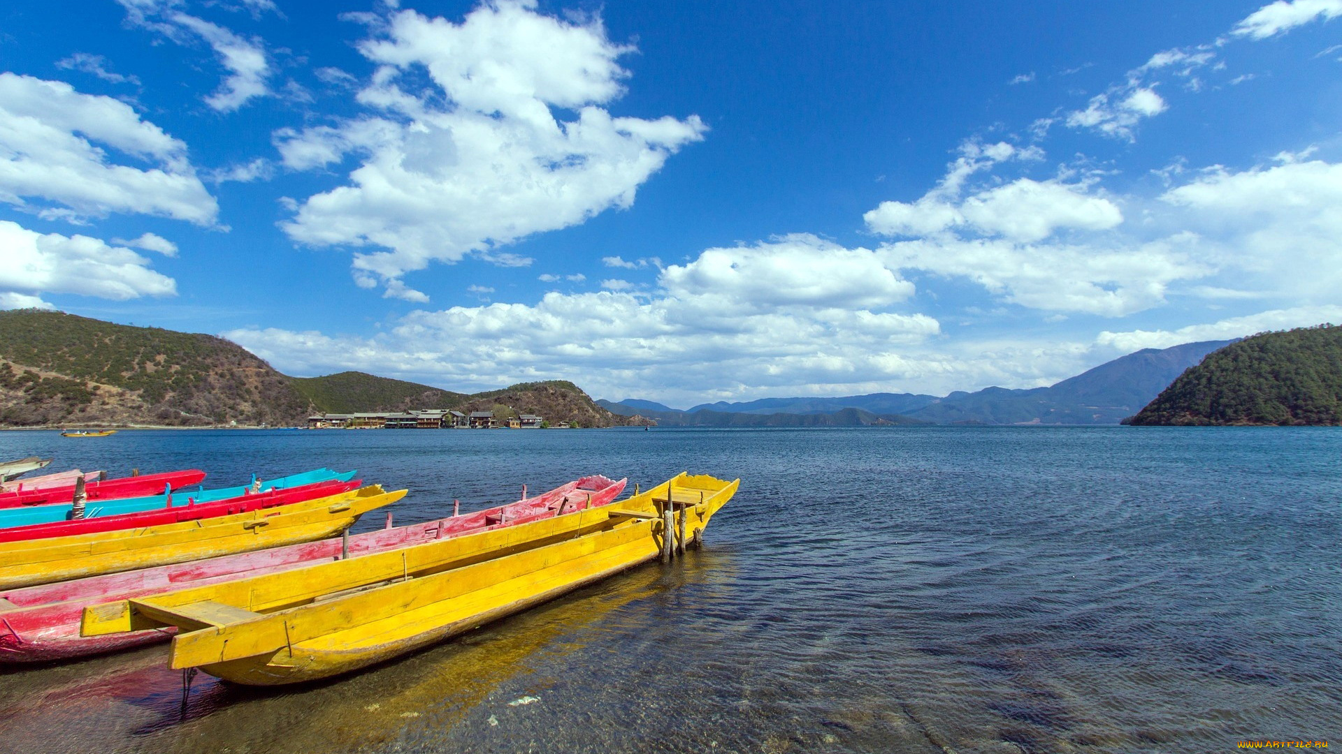 корабли, лодки, , шлюпки, озеро, горы