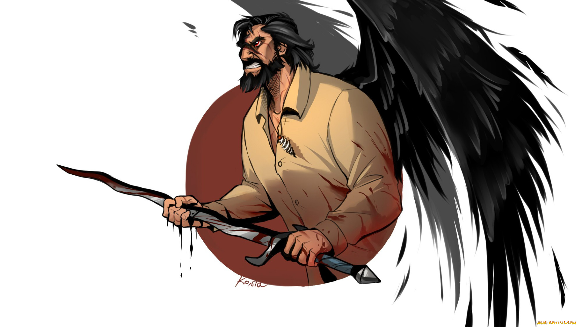 рисованное, комиксы, ангел, мужчина, кровь, крылья, меч